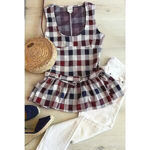 Maeve Anthropologie Belted Peplum Top Plaid Sleeveless Size M Red Navy Cream